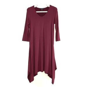 Eileen Fisher Burgundy Sharkbite Hem Pullover 3/4 Sleeve Dress Size Pet Small
